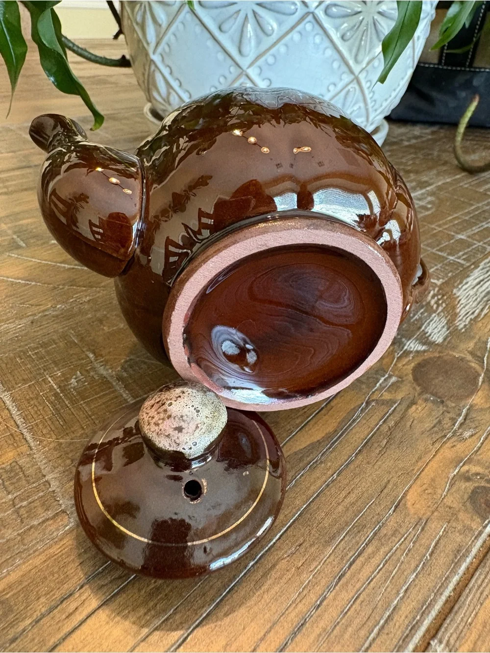Brown Drip-Glazed Ceramic Teapot, approx 4”